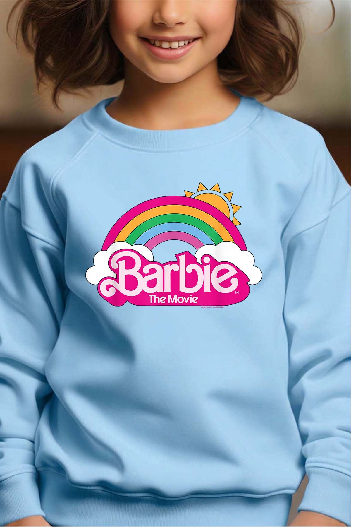 COULEUR:Bleu Ciel|Sweat Col Rond Fille | Barbie Arc en ciel Bleu Ciel