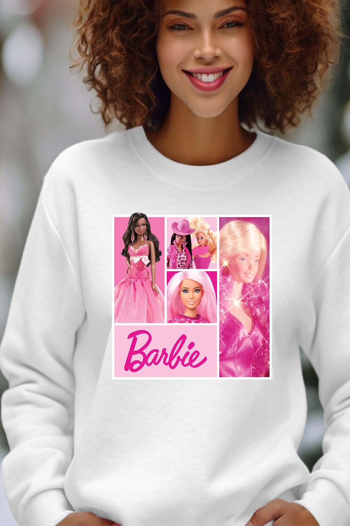 COULEUR:Blanc|Sweat Col Rond Femme | Barbie Dolls collage Blanc