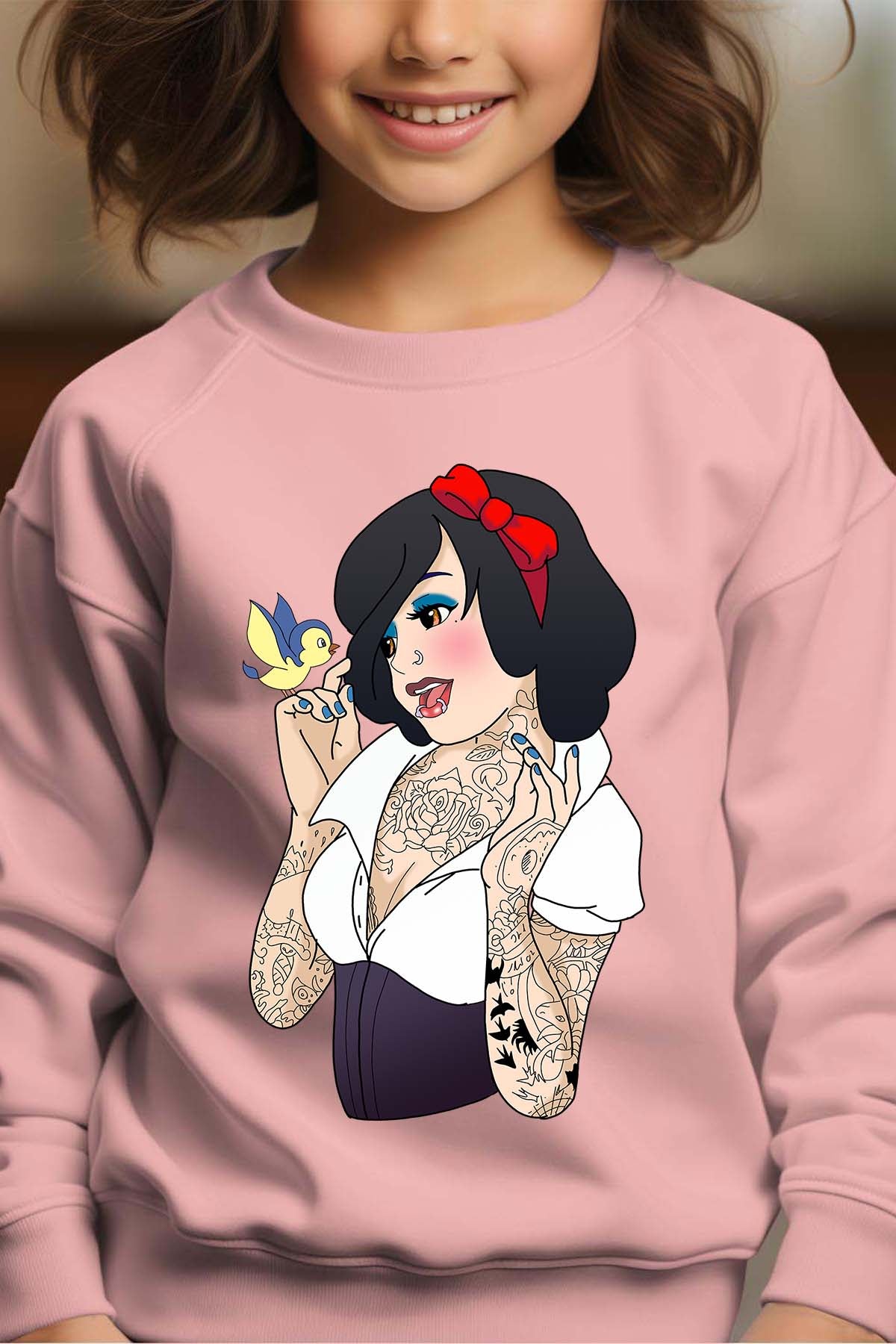 COULEUR:Rose|Sweat Col Rond Fille | Blanche Tatoué Rose