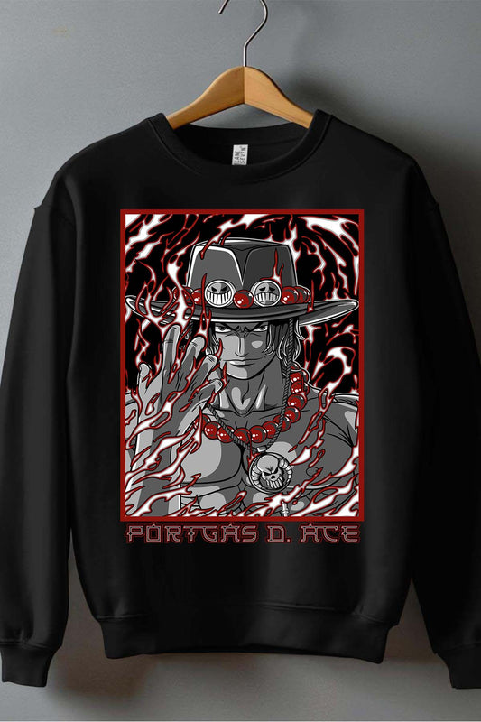 COULEUR:Noir|Sweat Col Rond Garçon | Blood Portgas D. ACE Noir