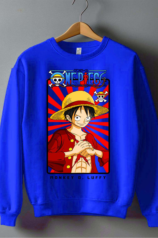 COULEUR:Bleu Roi|Sweat Col Rond Garçon | Card LUFFY 01 Bleu Roi