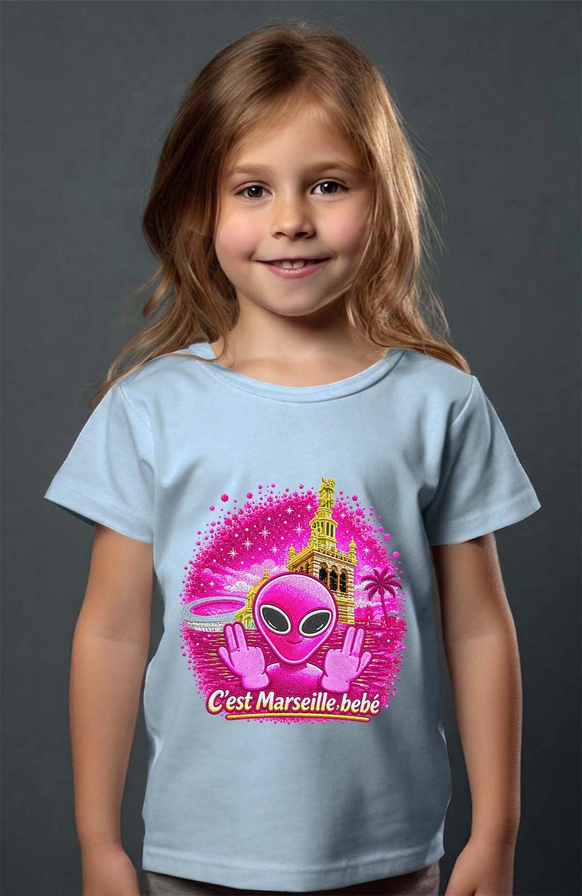 T-shirt Fille Ovni Mars Pink Bleu Ciel