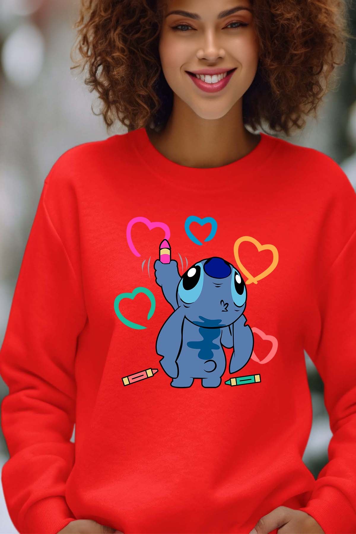 COULEUR:Rouge|Sweat Col Rond Femme | Stitch Write heart Rouge