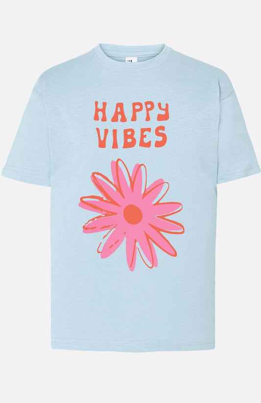 COULEUR:Bleu Ciel|T-shirt Femme | happy vibes fleur Bleu Ciel