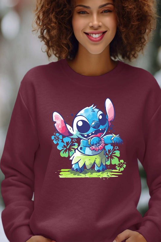 COULEUR:Bordeaux|Sweat Col Rond Femme | stitch aloha hawaii Bordeaux
