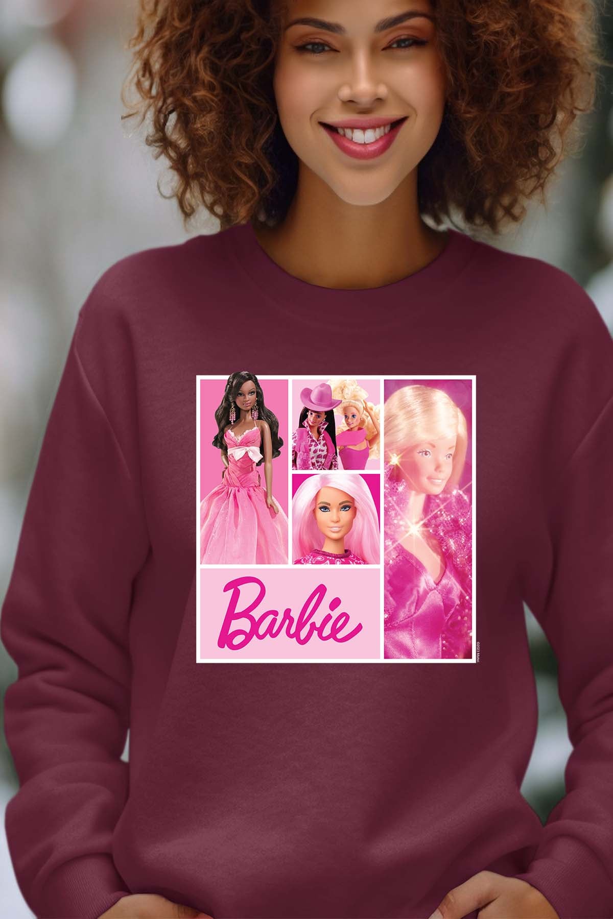 COULEUR:Bordeaux|Sweat Col Rond Femme | Barbie Dolls collage Bordeaux
