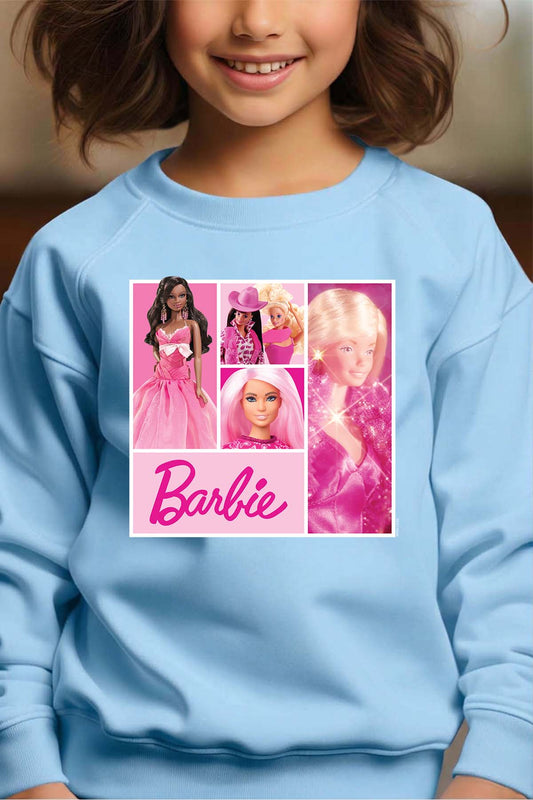 COULEUR:Bleu Ciel|Sweat Col Rond Fille | Barbie Dolls collage Bleu Ciel