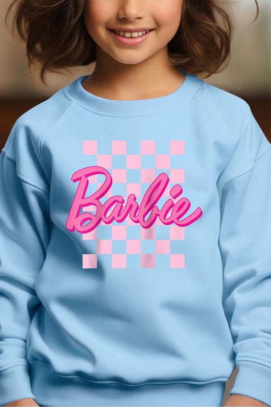 COULEUR:Bleu Ciel|Sweat Col Rond Fille | Barbie Raglan Bleu Ciel