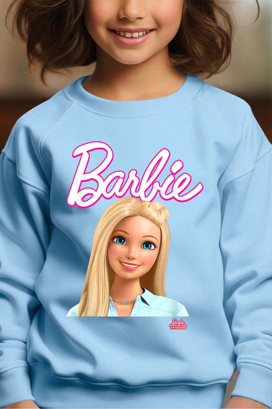 COULEUR:Bleu Ciel|Sweat Col Rond Fille | Barbie dolls Bleu Ciel