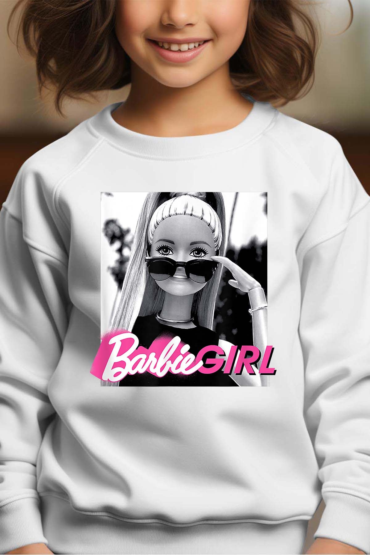 COULEUR:Blanc|Sweat Col Rond Fille | Barbie lunette Blanc