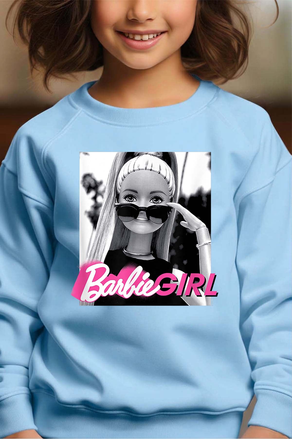 COULEUR:Bleu Ciel|Sweat Col Rond Fille | Barbie lunette Bleu Ciel