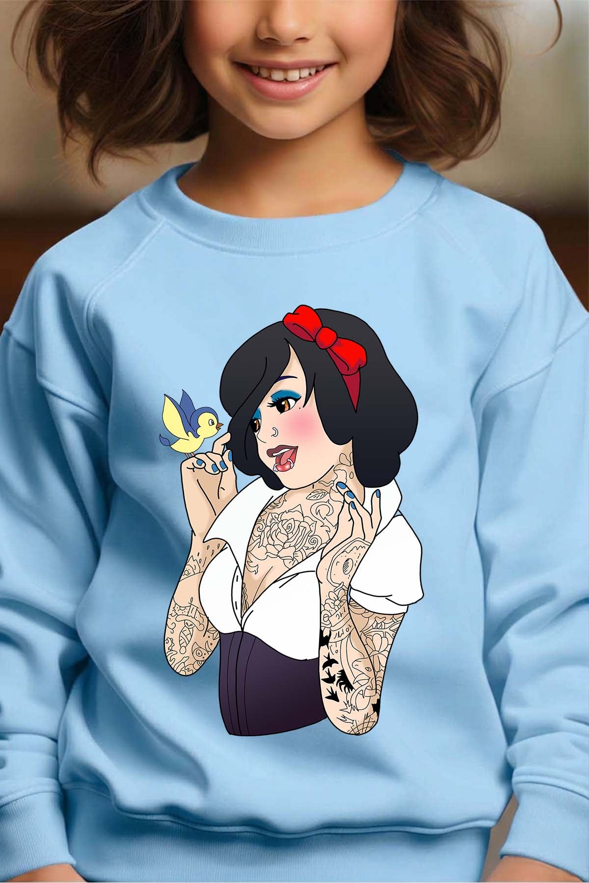 COULEUR:Bleu Ciel|Sweat Col Rond Fille | Blanche Tatoué Bleu Ciel
