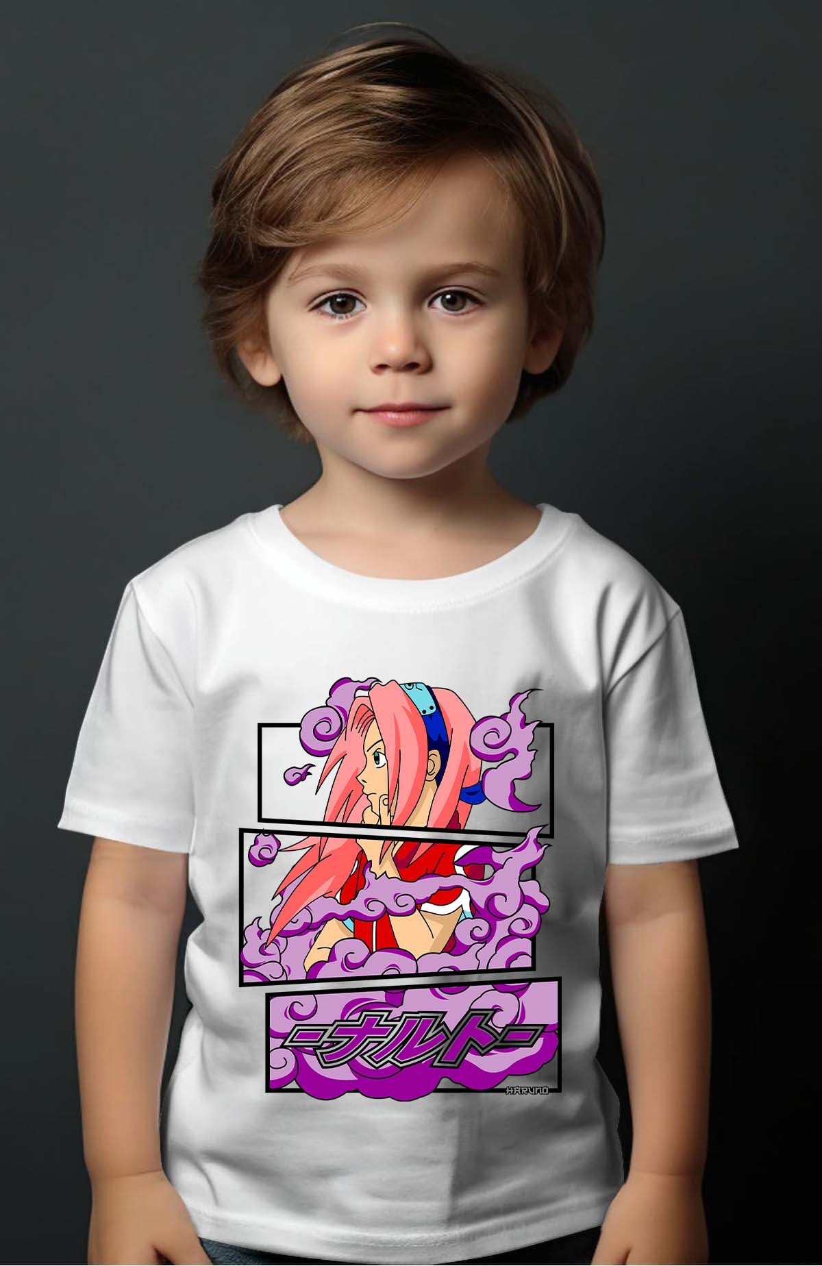 COULEUR:Blanc|T-shirt Garçon | Cadre sakura haruno 01A Blanc