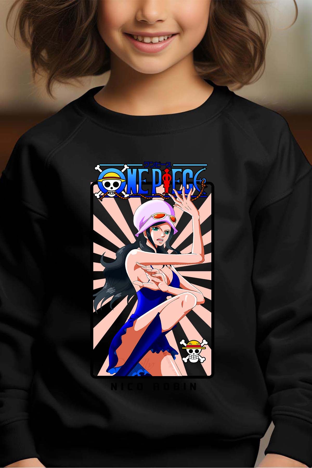 COULEUR:Noir|Sweat Col Rond Fille | Card NICO ROBIN 01 Noir