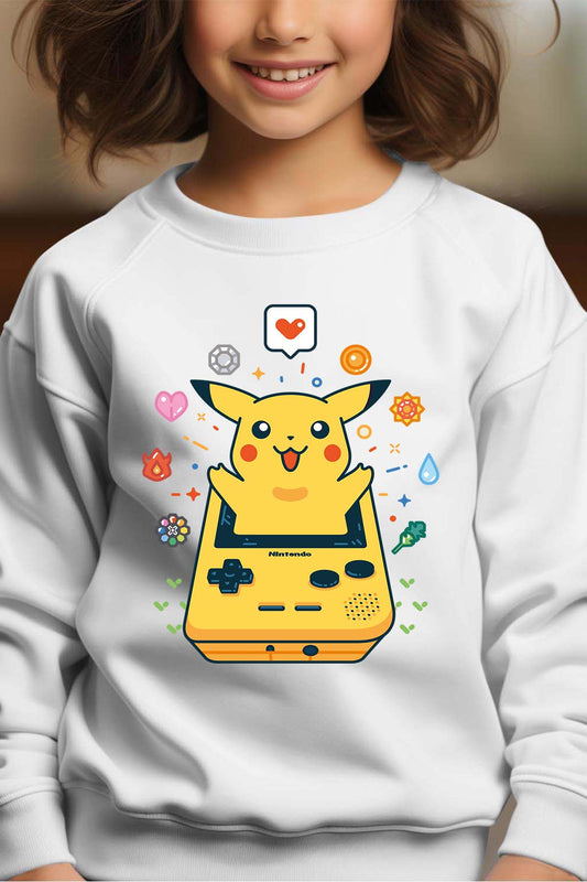 COULEUR:Blanc|Sweat Col Rond Fille | Gameboy pikachu 2 Blanc