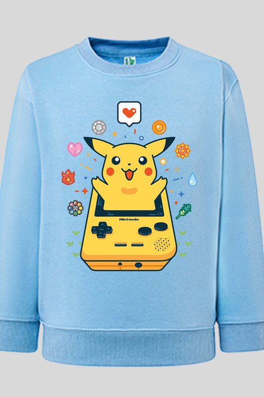 COULEUR:Bleu Ciel|Sweat Col Rond Garçon | Gameboy pikachu 2 Bleu Ciel