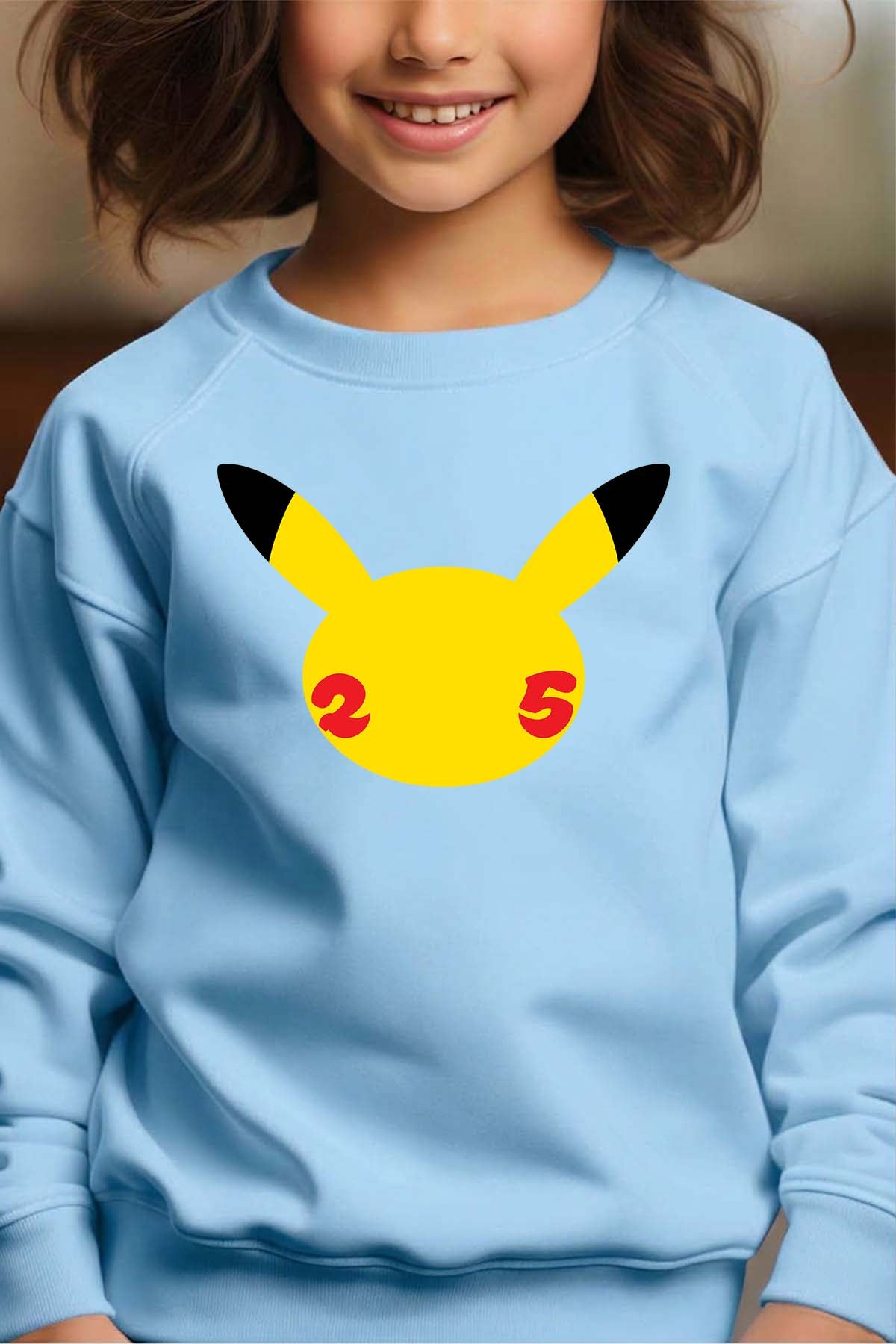 COULEUR:Bleu Ciel|Sweat Col Rond Fille | Head Pikachu Bleu Ciel