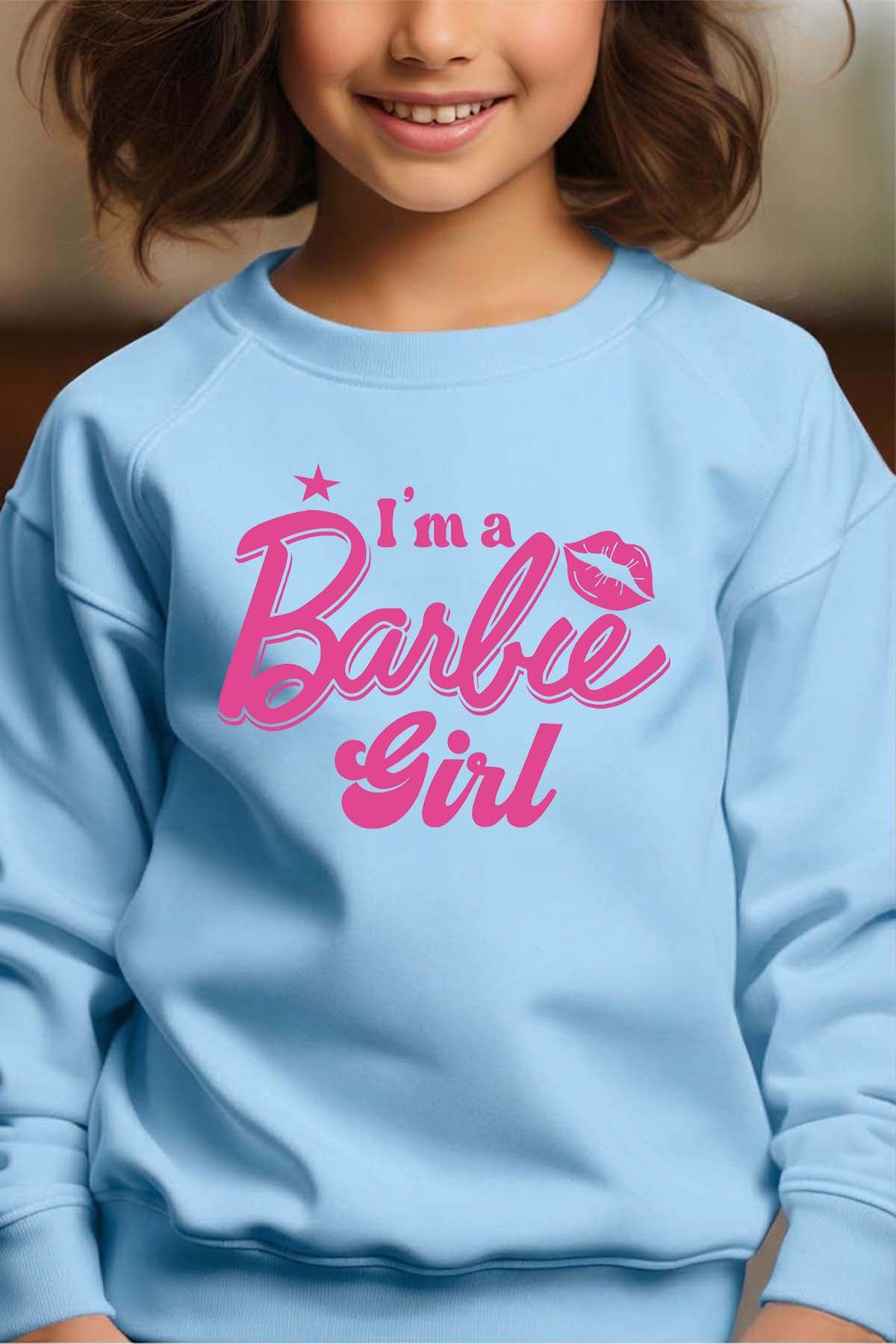 COULEUR:Bleu Ciel|Sweat Col Rond Fille | I AM A BARBIE GIRL Bleu Ciel