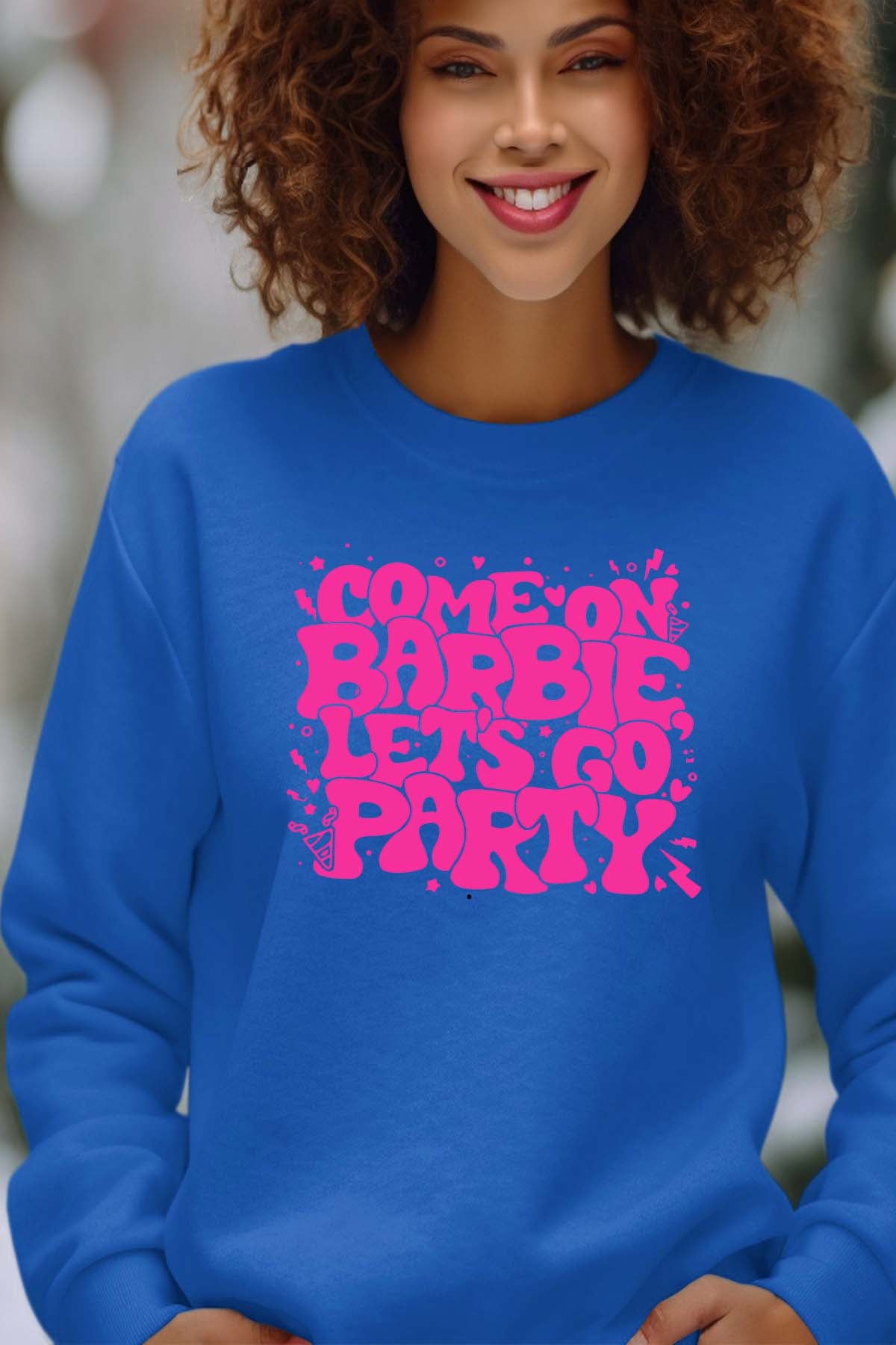 COULEUR:Bleu Roi|Sweat Col Rond Femme | Lets go party barbie DOS Bleu Roi