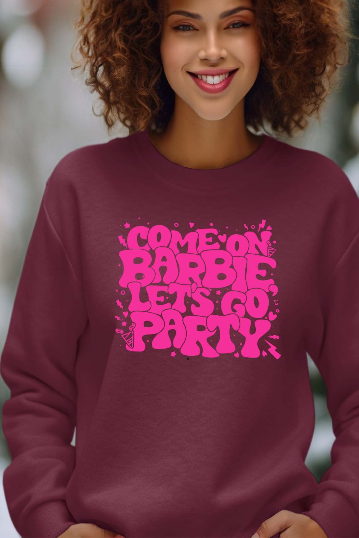 COULEUR:Bordeaux|Sweat Col Rond Femme | Lets go party barbie DOS Bordeaux