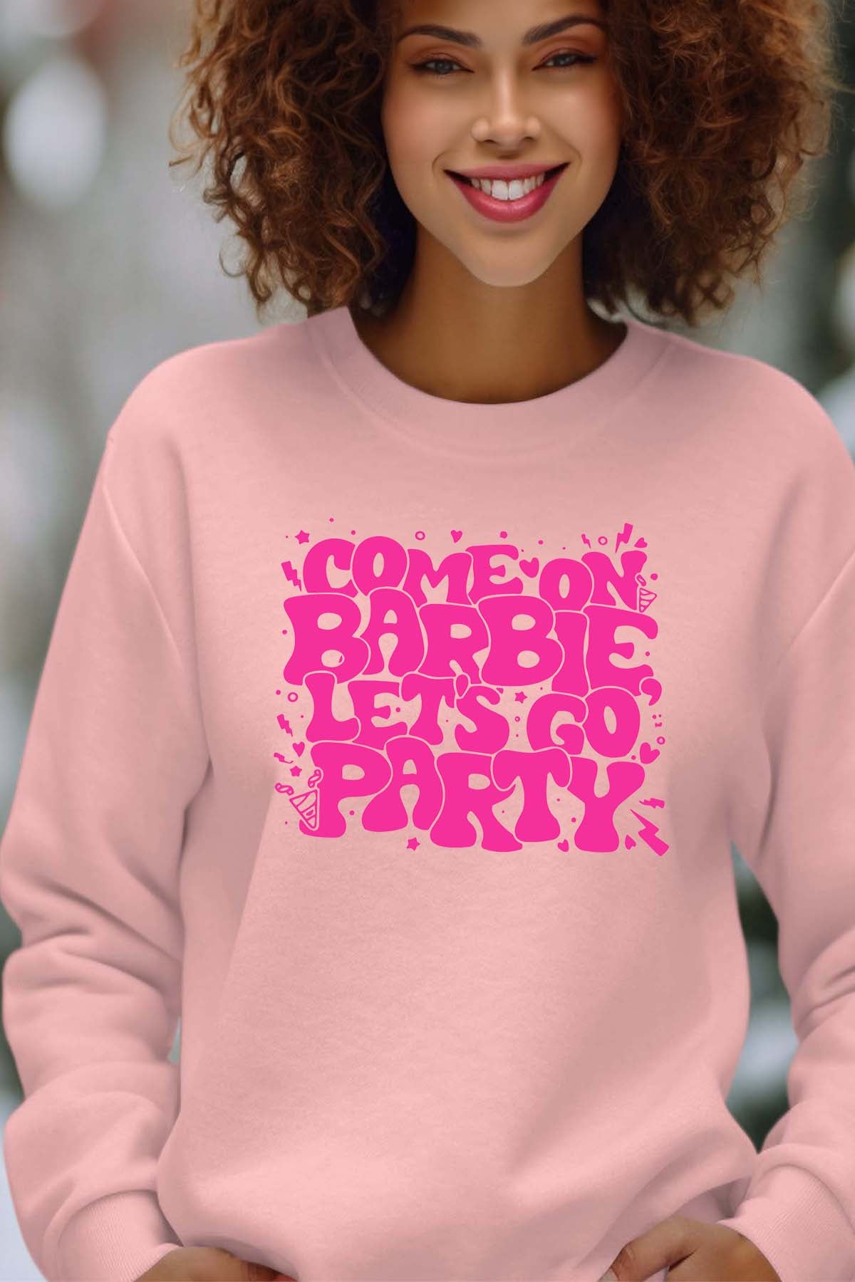 COULEUR:Rose|Sweat Col Rond Femme | Lets go party barbie DOS Rose