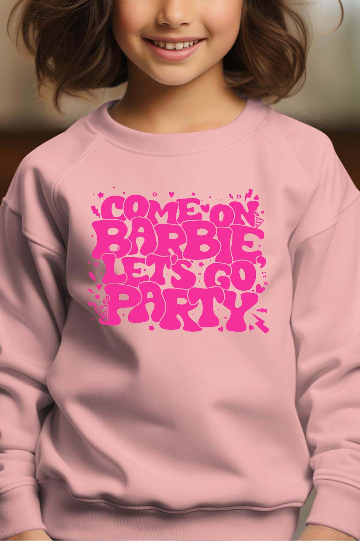 COULEUR:Rose|Sweat Col Rond Fille | Lets go party barbie DOS Rose