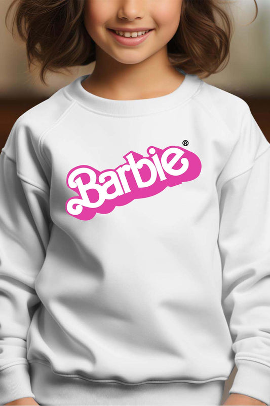 COULEUR:Blanc|Sweat Col Rond Fille | Logo barbie Blanc