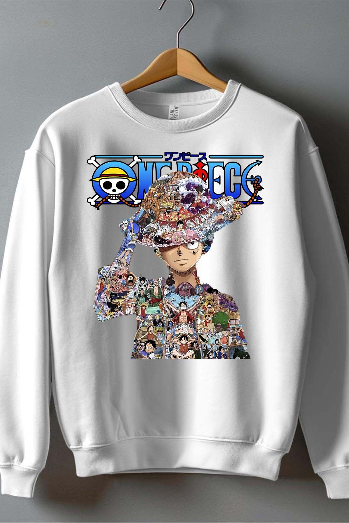 COULEUR:Blanc|Sweat Col Rond Homme | Luffy Multi incrustation Blanc