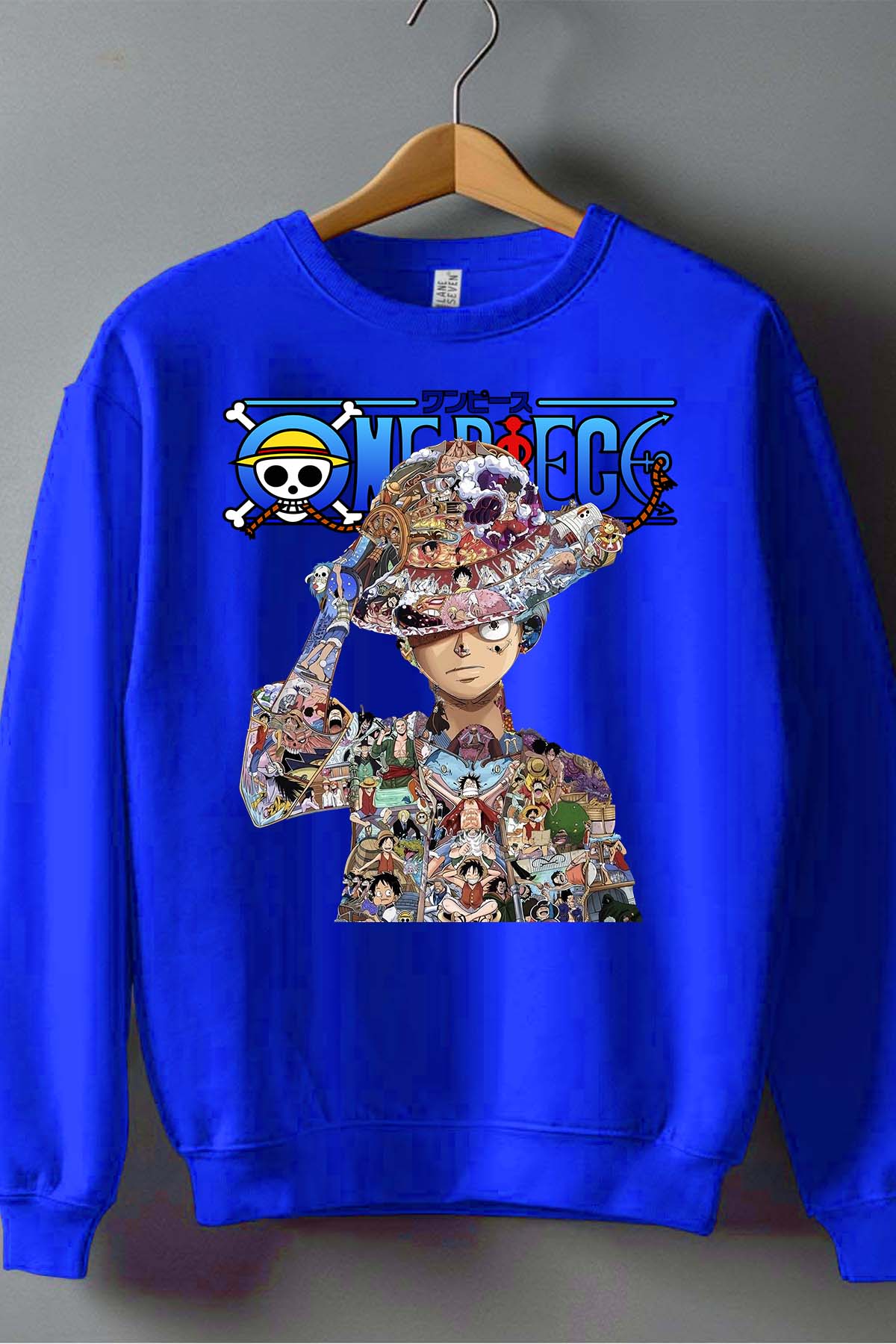 COULEUR:Bleu Roi|Sweat Col Rond Homme | Luffy Multi incrustation Bleu Roi