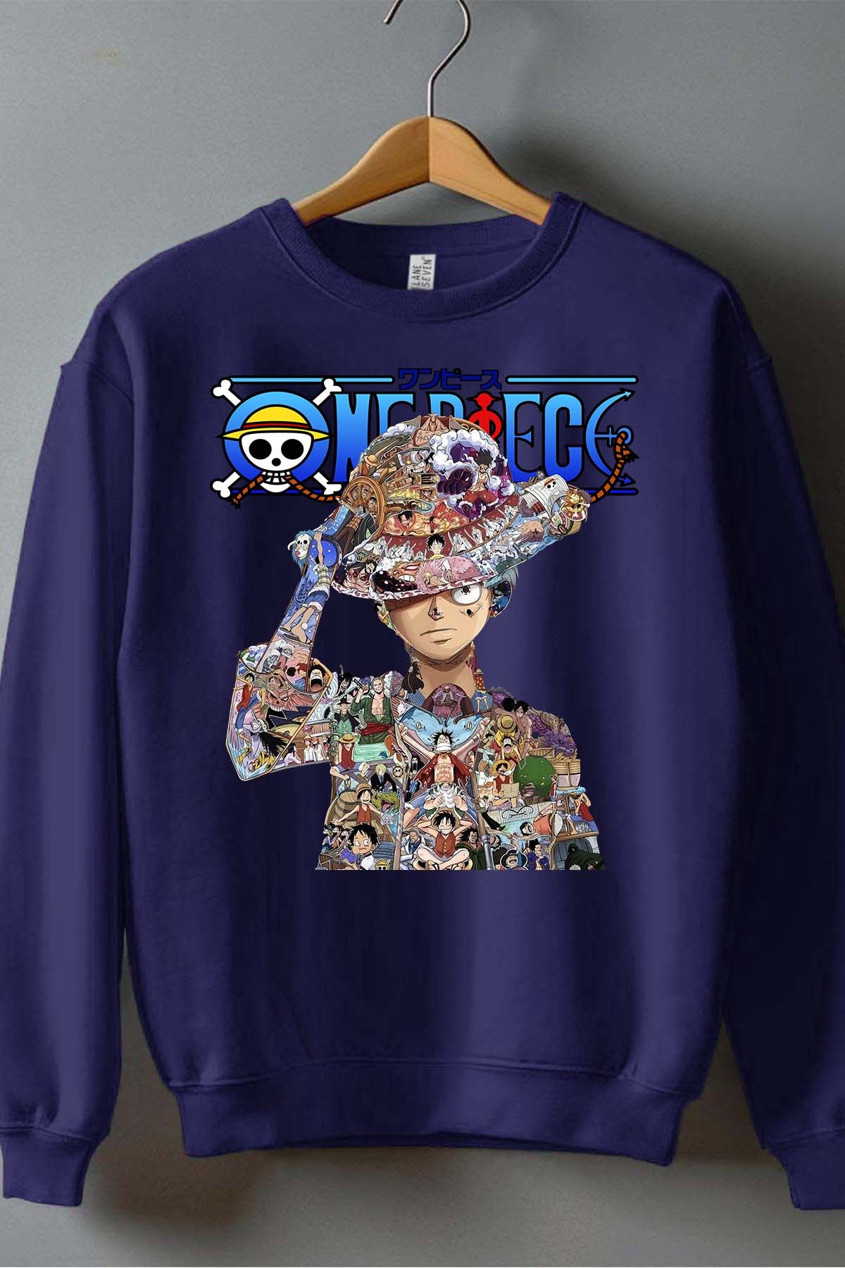 COULEUR:Marine|Sweat Col Rond Homme | Luffy Multi incrustation Marine