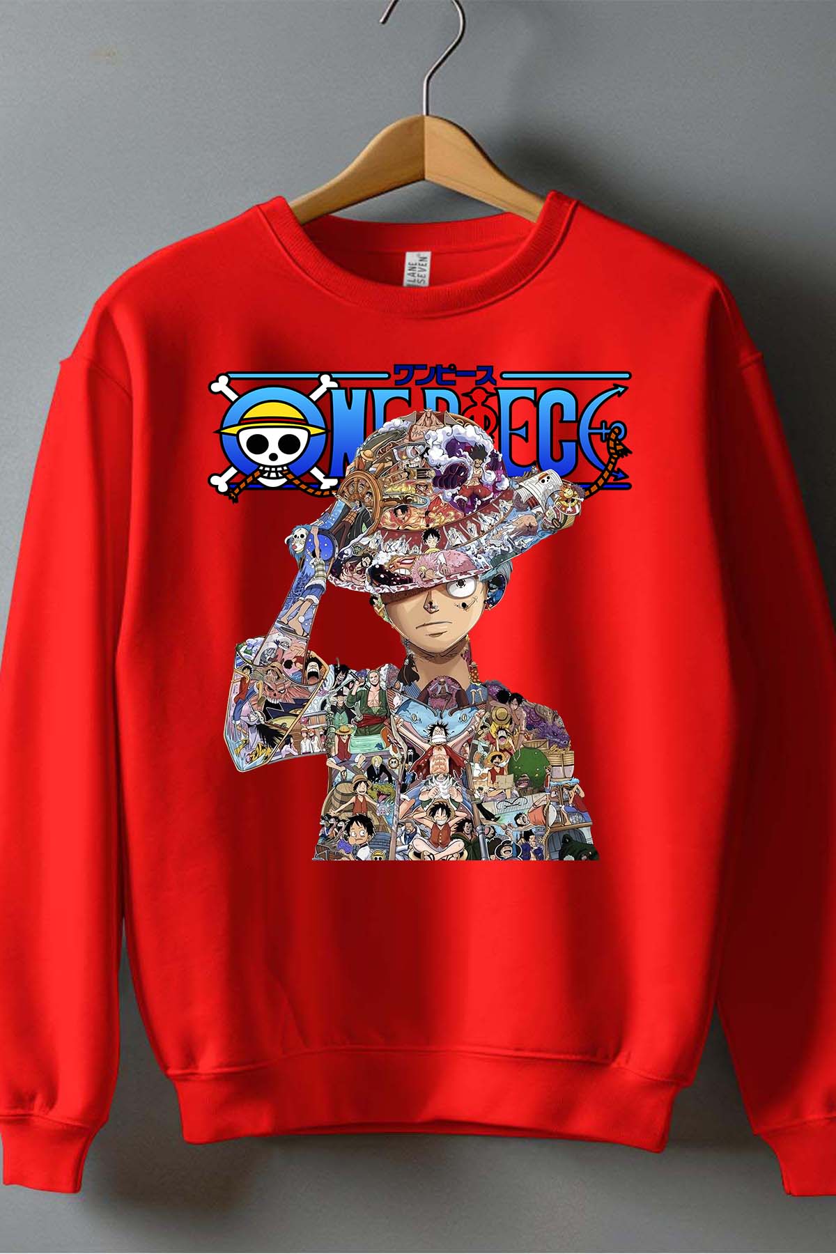 COULEUR:Rouge|Sweat Col Rond Homme | Luffy Multi incrustation Rouge