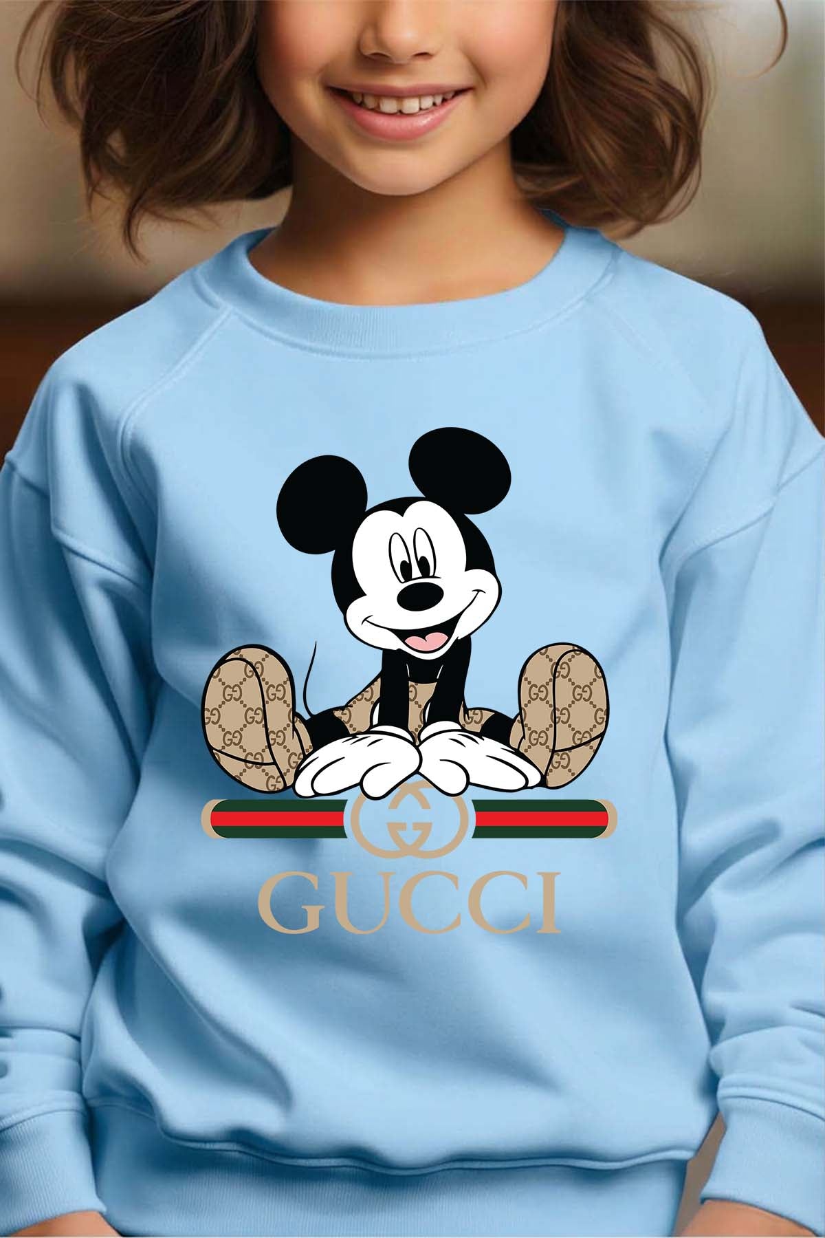 COULEUR:Bleu Ciel|Sweat Col Rond Fille | Mickey gucci Assis Bleu Ciel