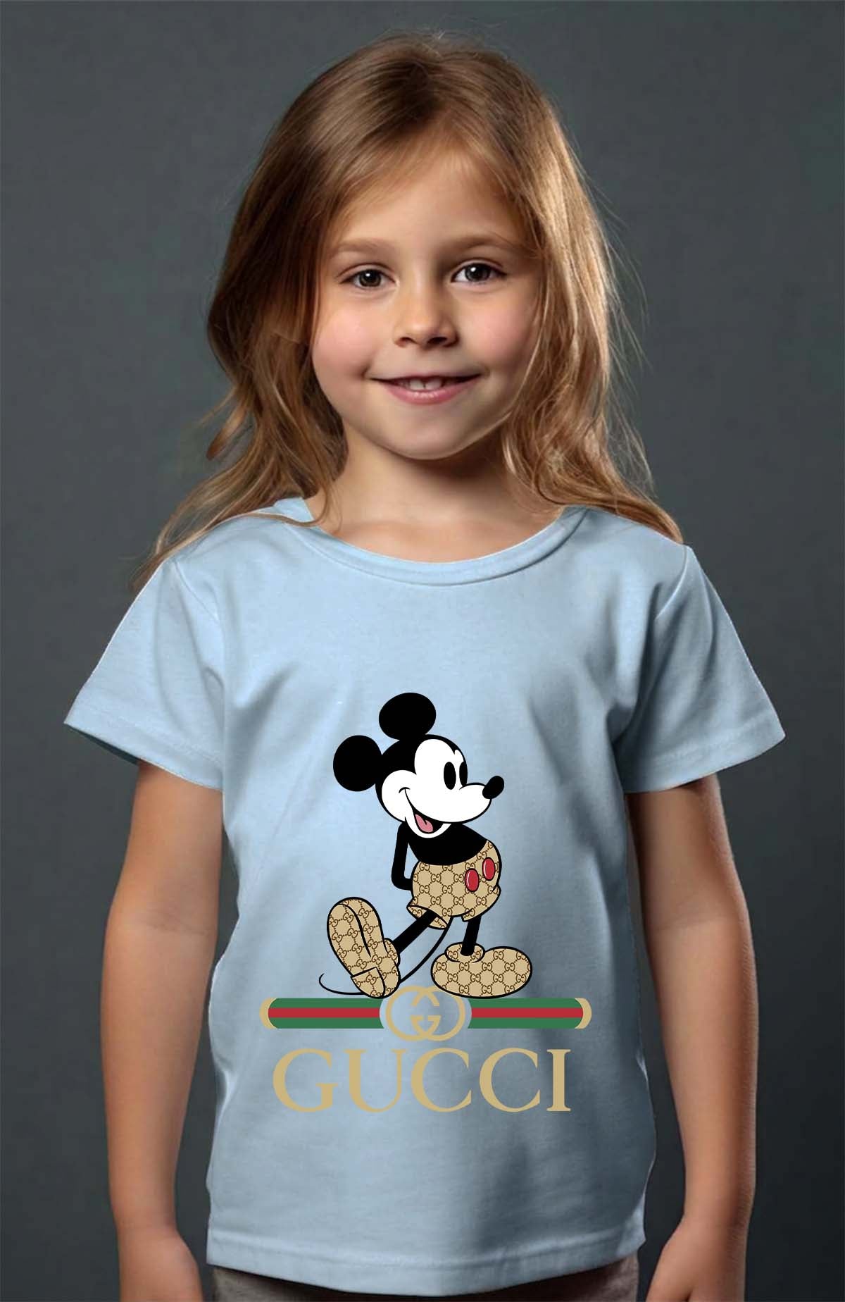 COULEUR:Bleu Ciel|T-shirt Fille | Mickey gucci Wait Bleu Ciel