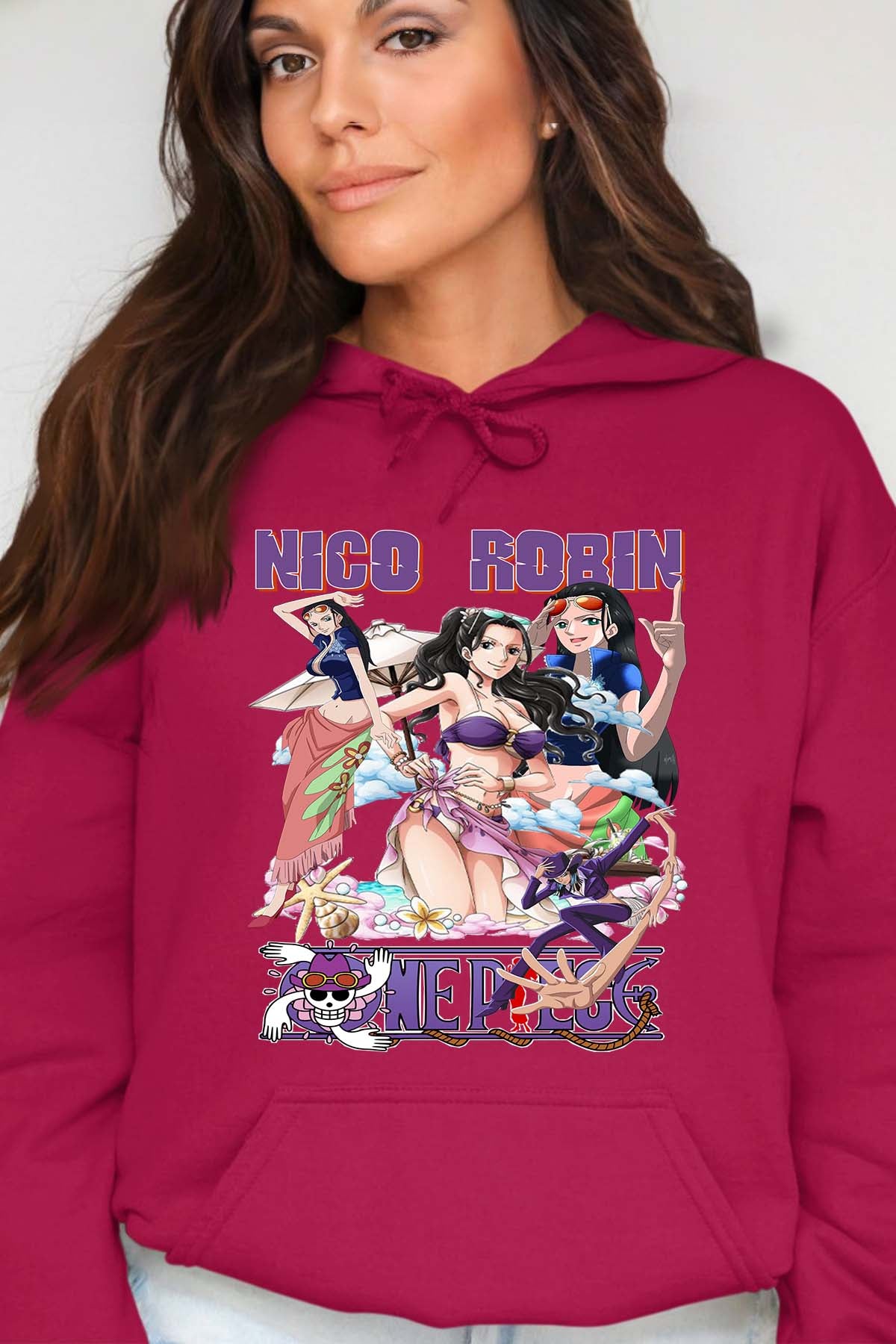 COULEUR:Bordeaux|Sweat Capuche Femme | Multi Nico Robin 01 Bordeaux