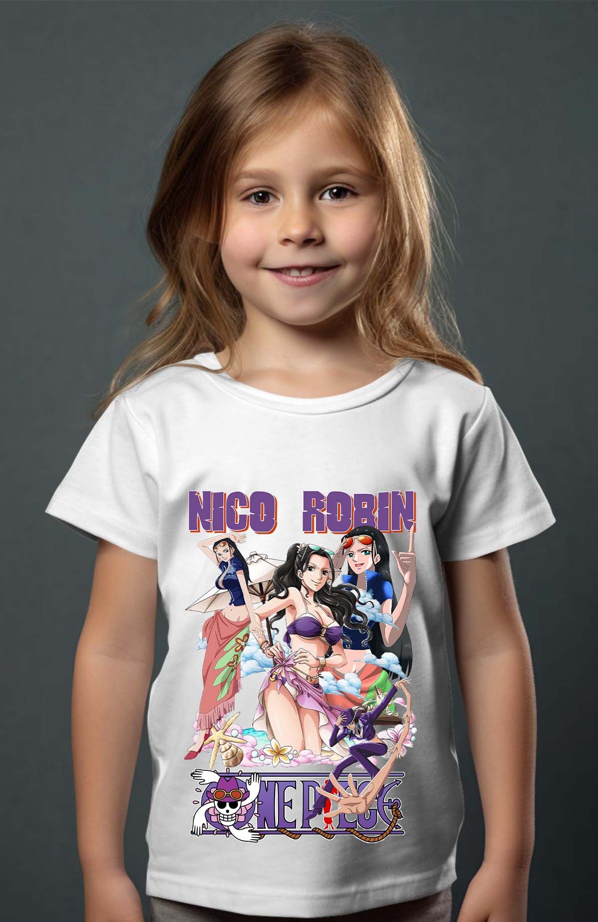COULEUR:Blanc|T-shirt Fille | Multi Nico Robin 01 Blanc