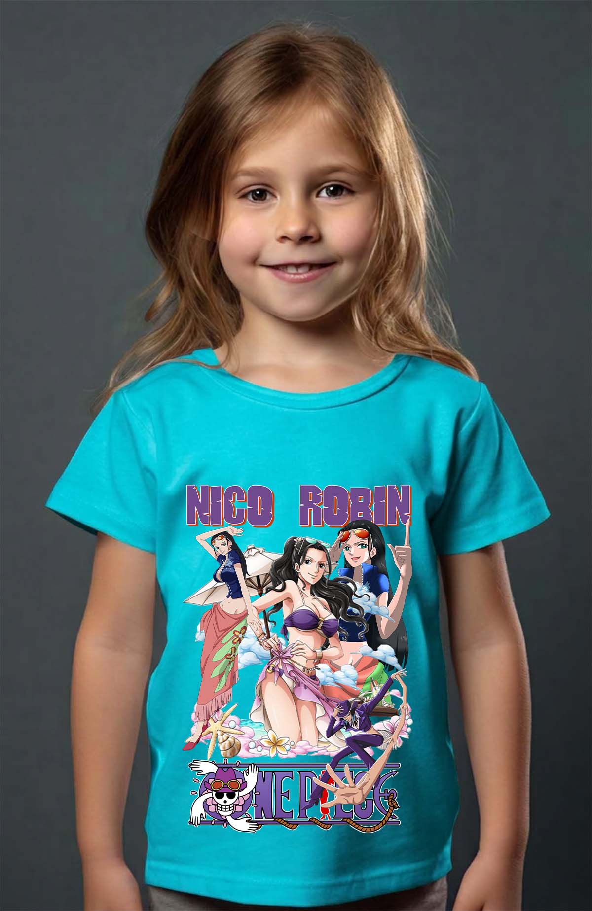 COULEUR:Turquoise|T-shirt Fille | Multi Nico Robin 01 Turquoise