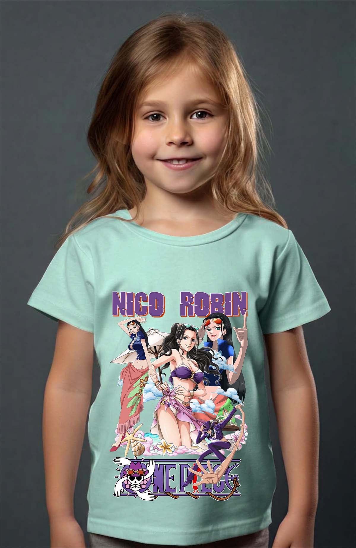 COULEUR:Vert d'eau|T-shirt Fille | Multi Nico Robin 01 Vert d'eau