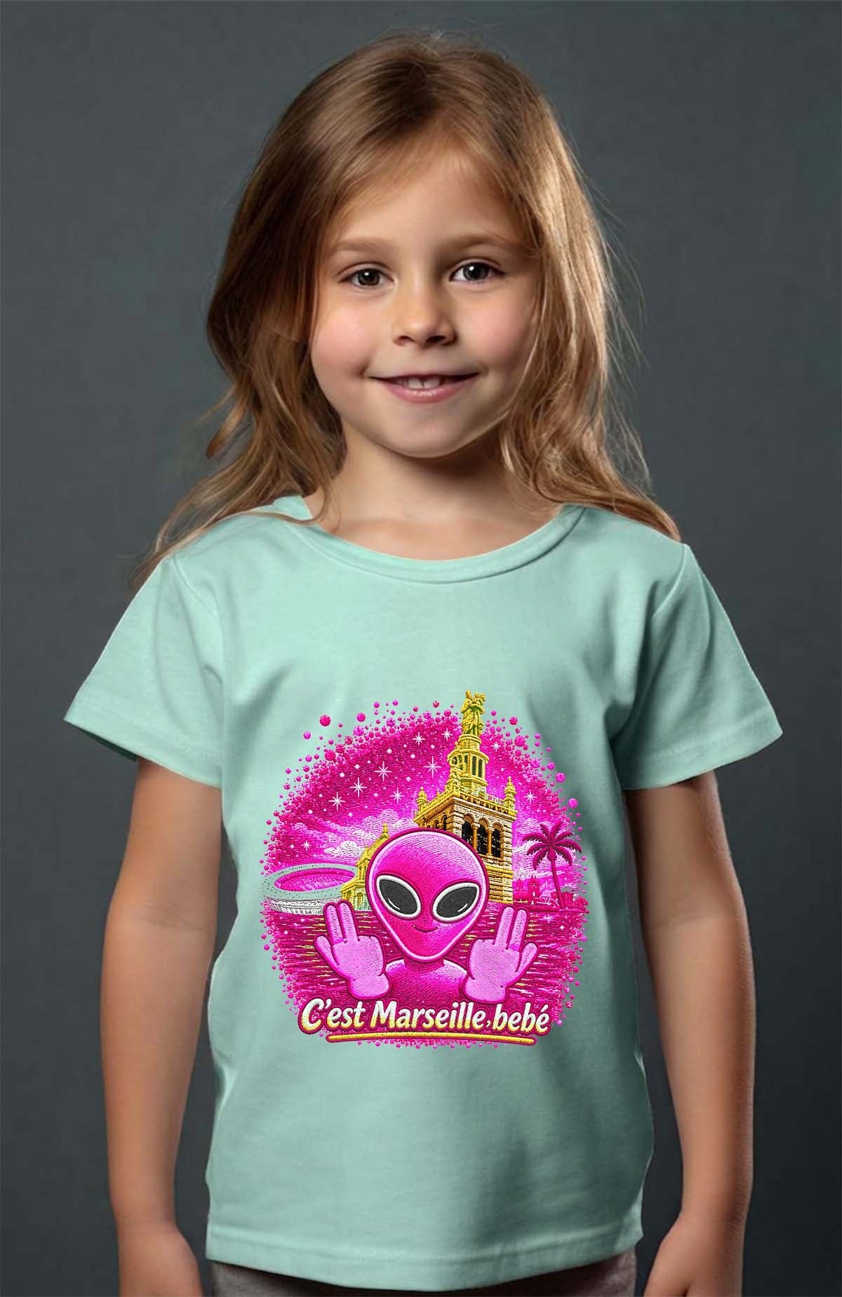 T-shirt Fille Ovni Mars Pink Vert d'eau