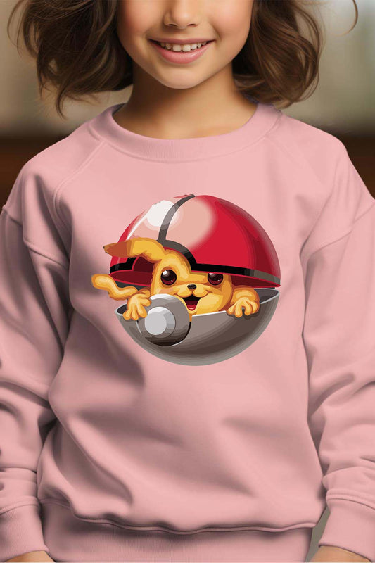 COULEUR:Rose|Sweat Col Rond Fille | Poke Ball Mon Rose