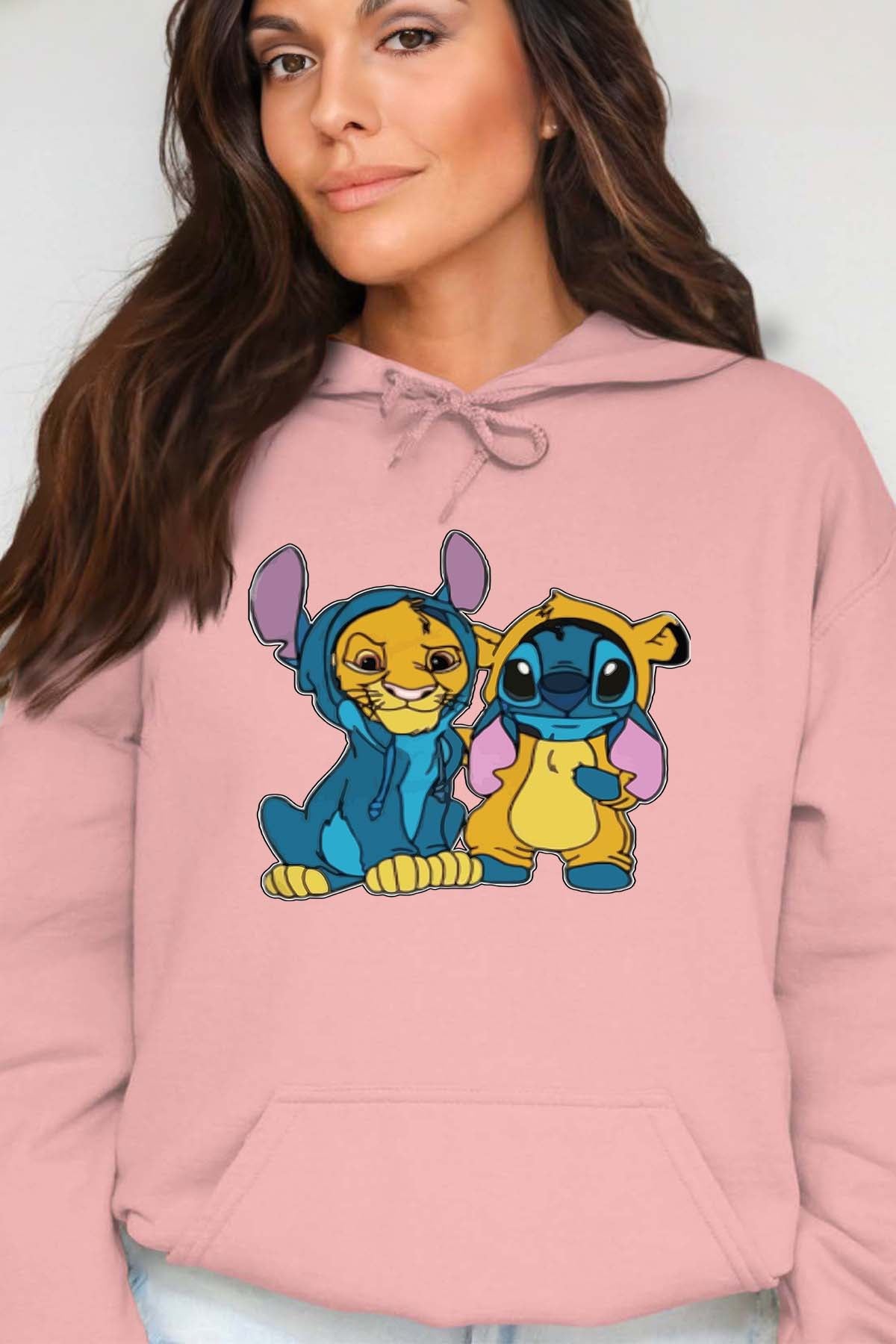 COULEUR:Rose|Sweat Capuche Femme | Stitch & Simba déguisé Rose