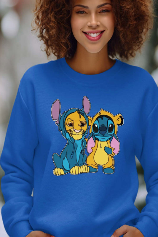 COULEUR:Bleu Roi|Sweat Col Rond Femme | Stitch & Simba déguisé Bleu Roi