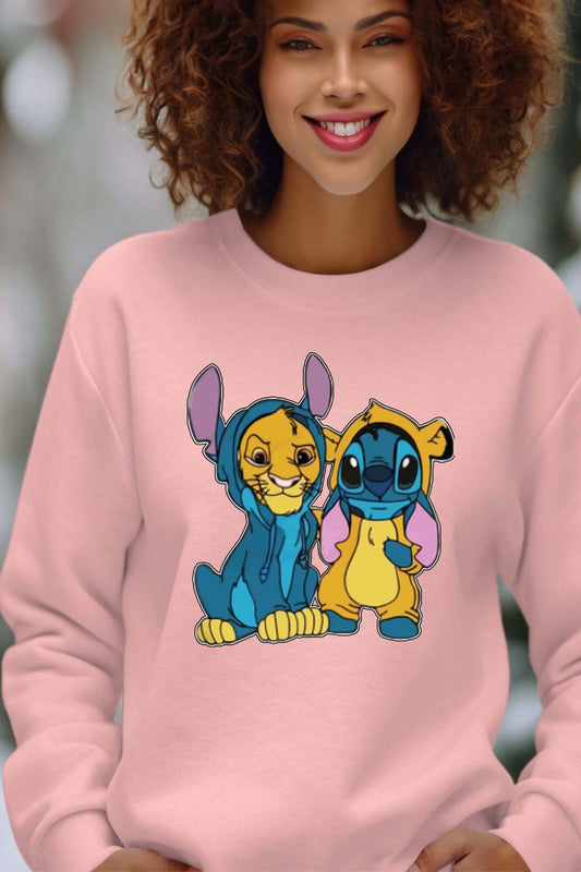 COULEUR:Rose|Sweat Col Rond Femme | Stitch & Simba déguisé Rose