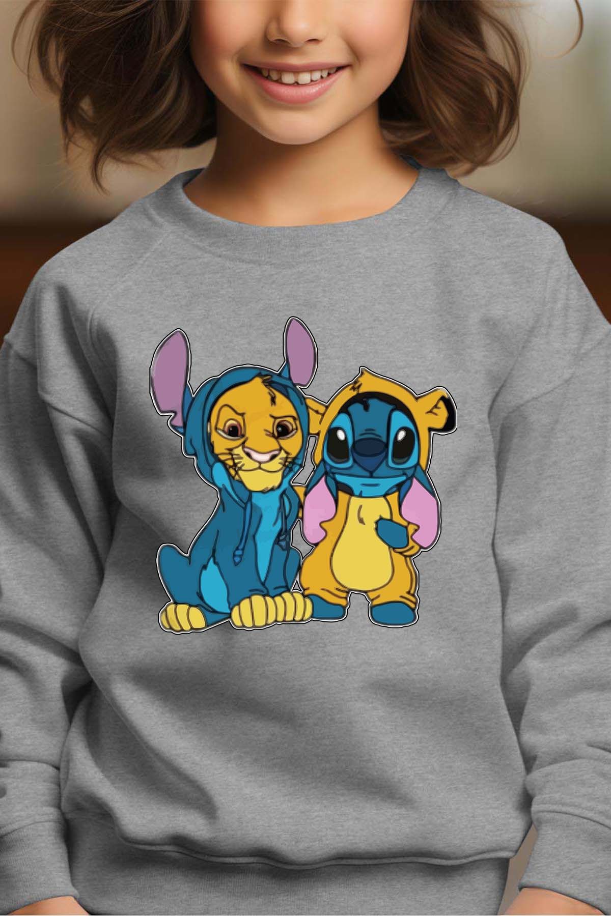 COULEUR:Gris|Sweat Col Rond Fille | Stitch & Simba déguisé Gris