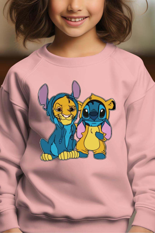 COULEUR:Rose|Sweat Col Rond Fille | Stitch & Simba déguisé Rose