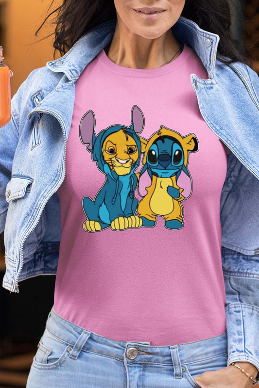 COULEUR:Rose|T-shirt Femme | Stitch & Simba déguisé Rose