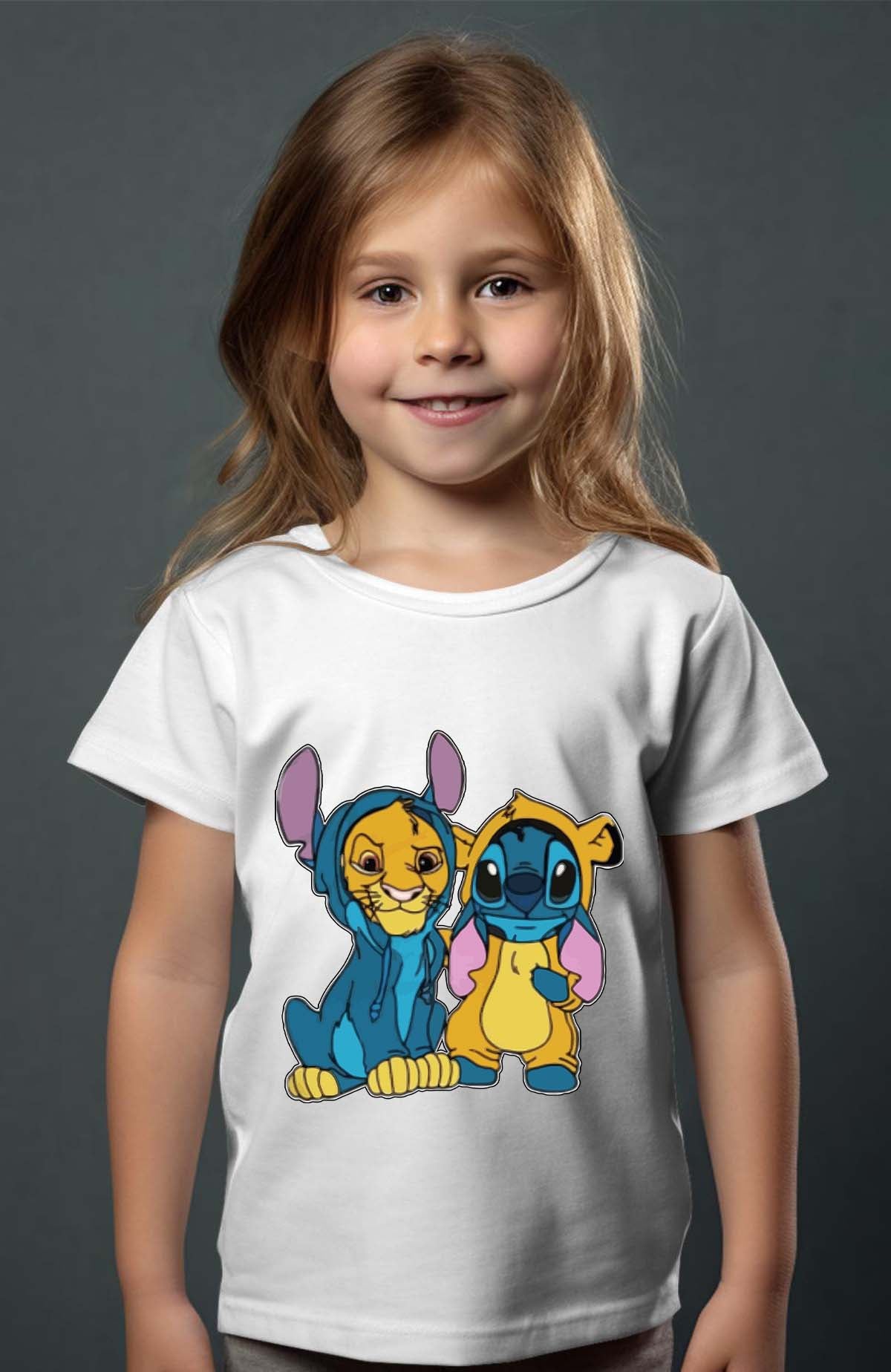 COULEUR:Blanc|T-shirt Fille | Stitch & Simba déguisé Blanc