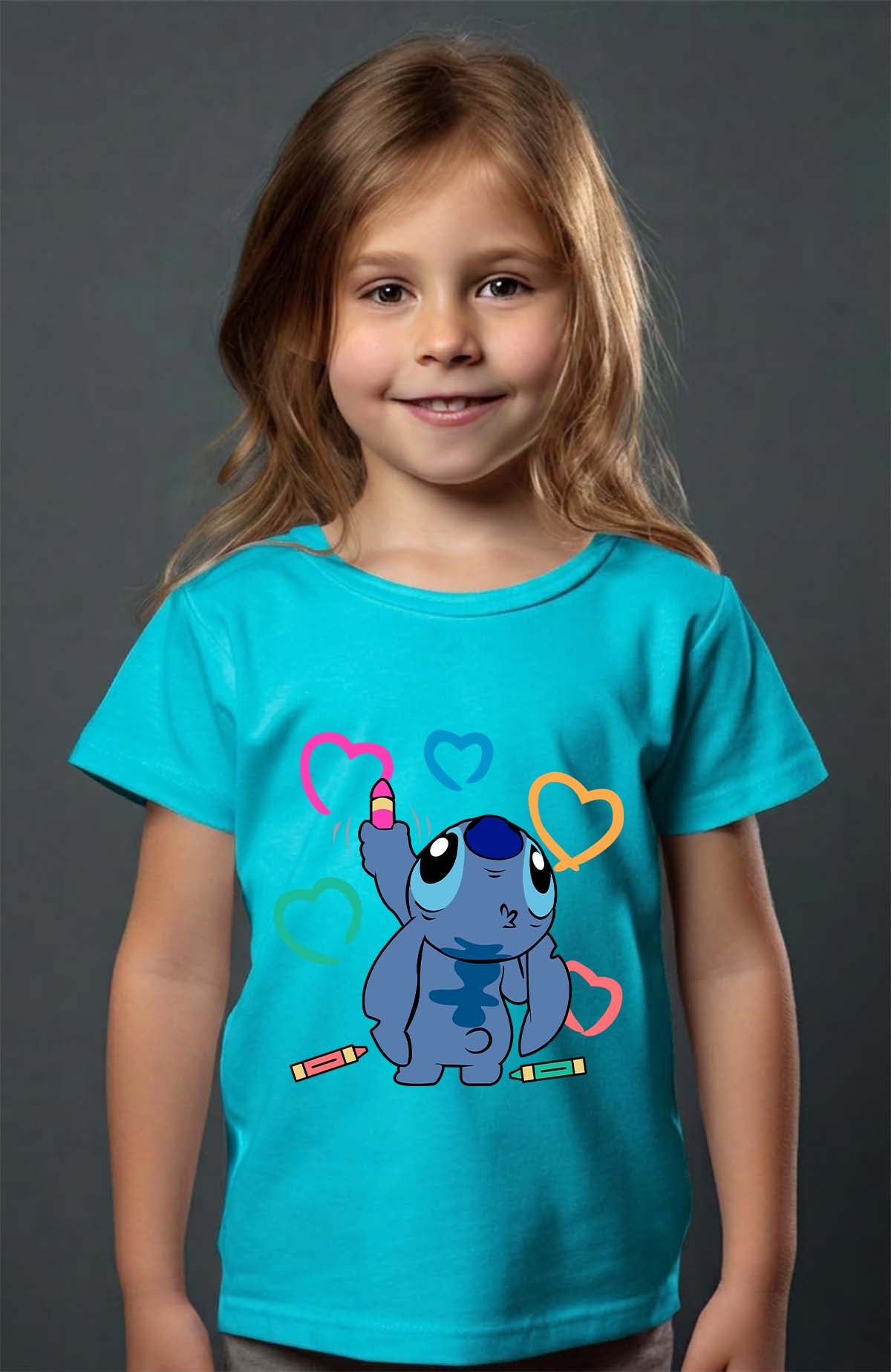 COULEUR:Turquoise|T-shirt Fille | Stitch Write heart Turquoise