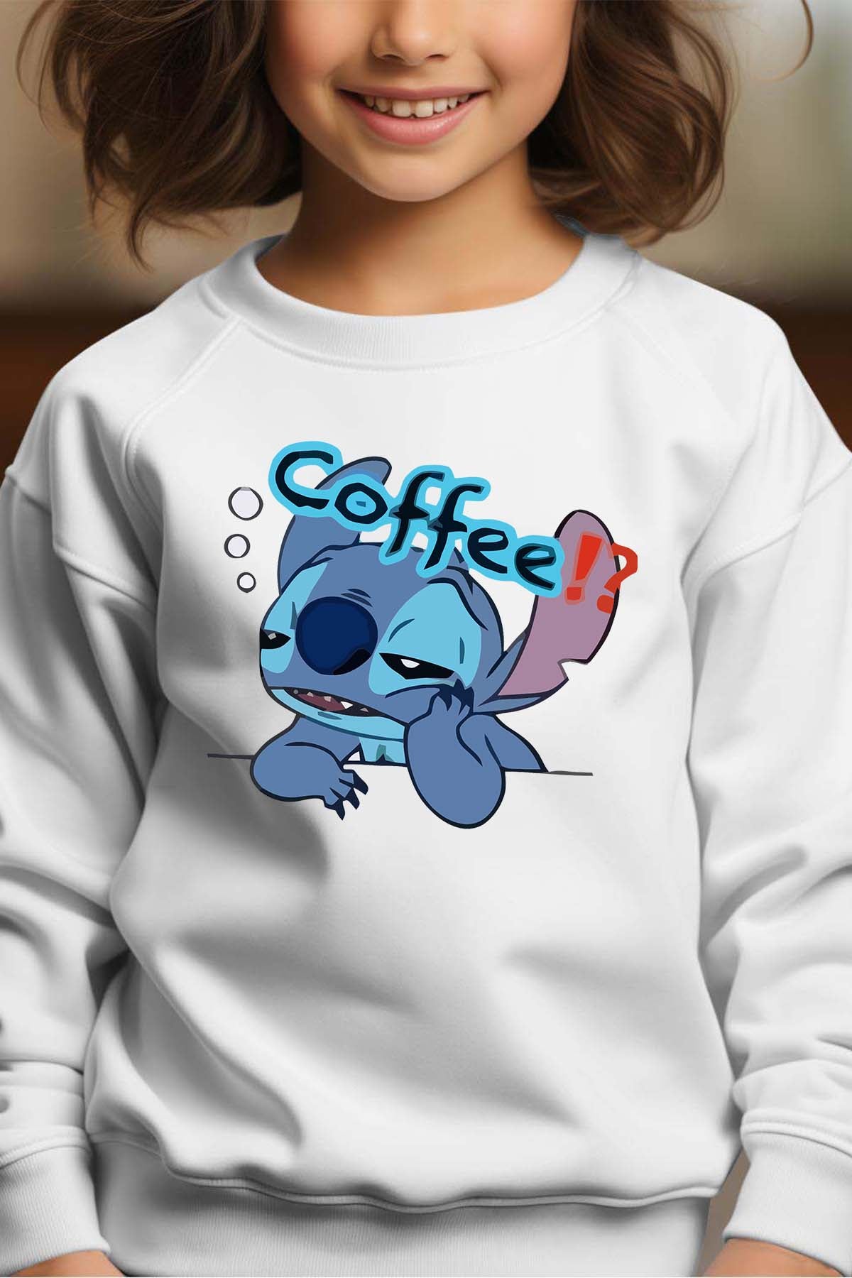 COULEUR:Blanc|Sweat Col Rond Fille | Stitch coffee Blanc