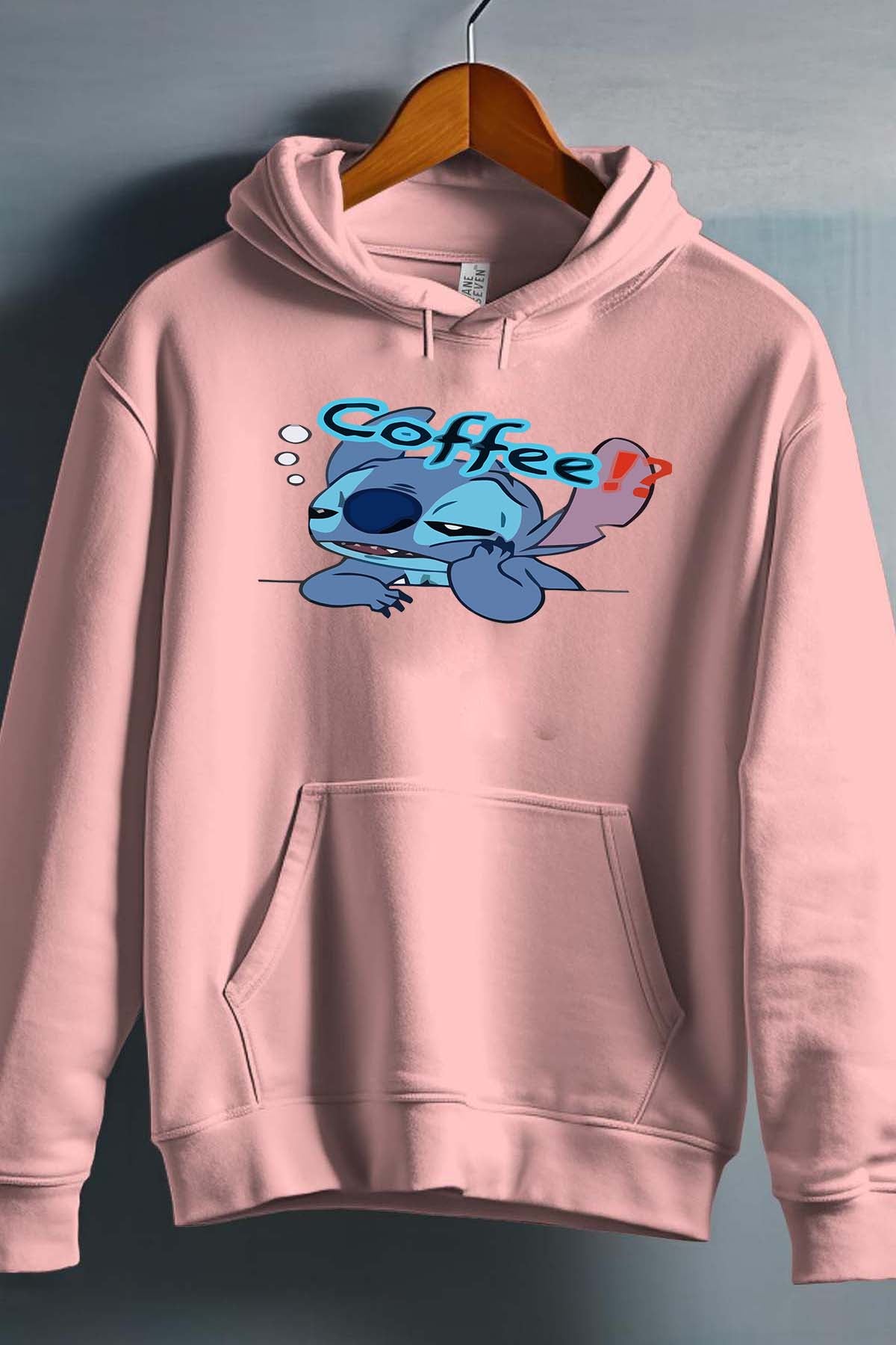 COULEUR:Rose|Sweat Capuche Fille | Stitch coffee Rose