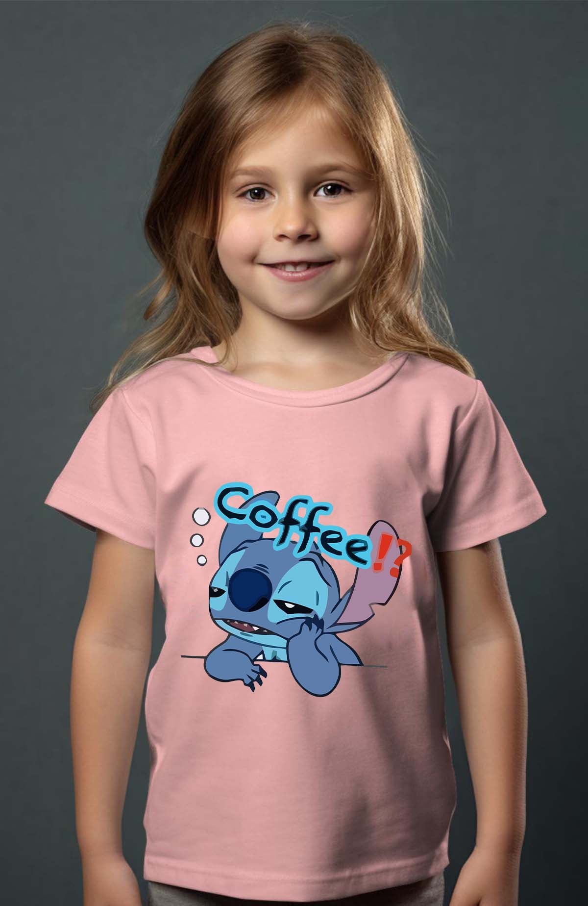 COULEUR:Rose|T-shirt Fille | Stitch coffee Rose